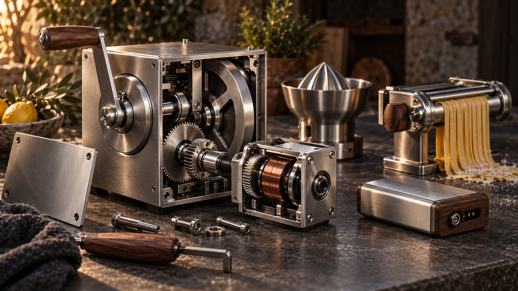 Serviceable stainless-steel crank mechanism with gears, flywheel and copper generator