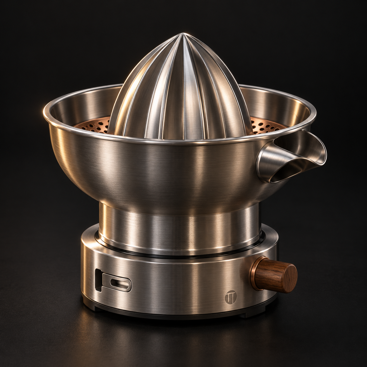 Stainless steel citrus press with copper strainer