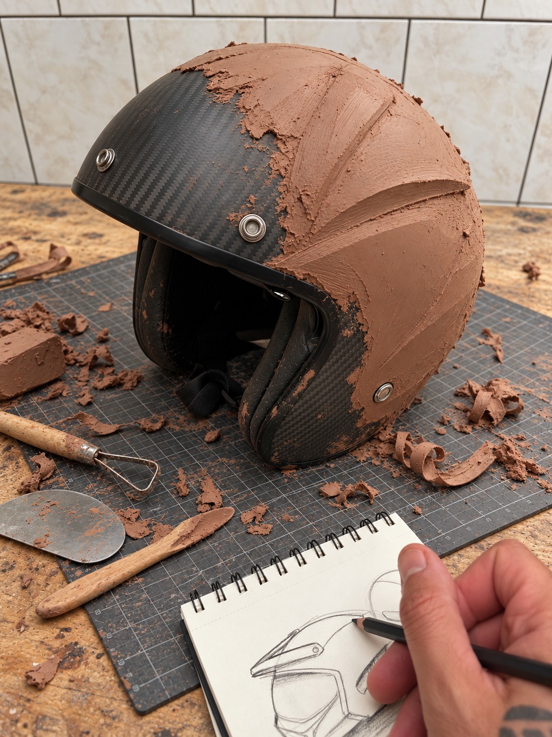 Illustrative clay exploration built around a reference helmet