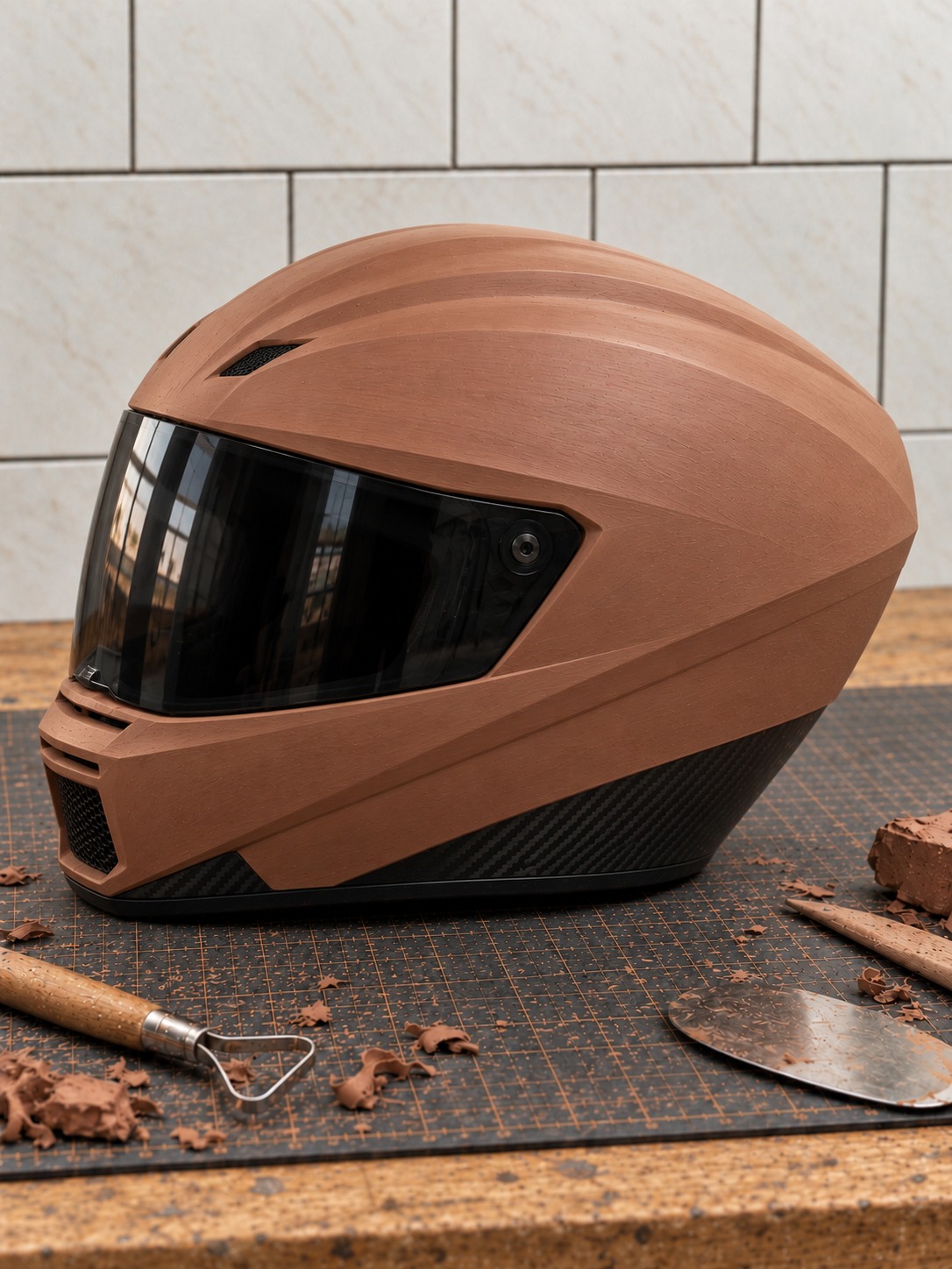 Advanced clay-style form with a dark visor