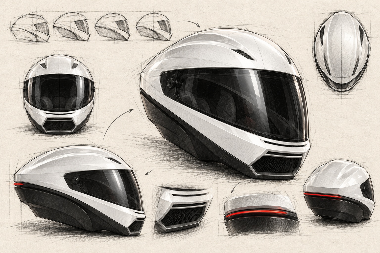 Pencil-style presentation of the final RDSTR helmet with construction lines, multiple views and detail studies.