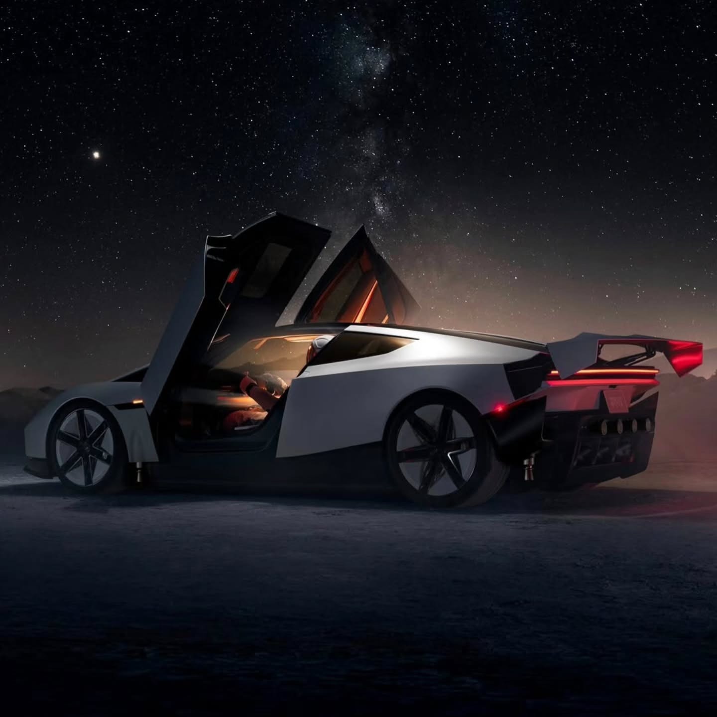 Supplied speculative Roadster-inspired night scene beneath a star-filled sky.
