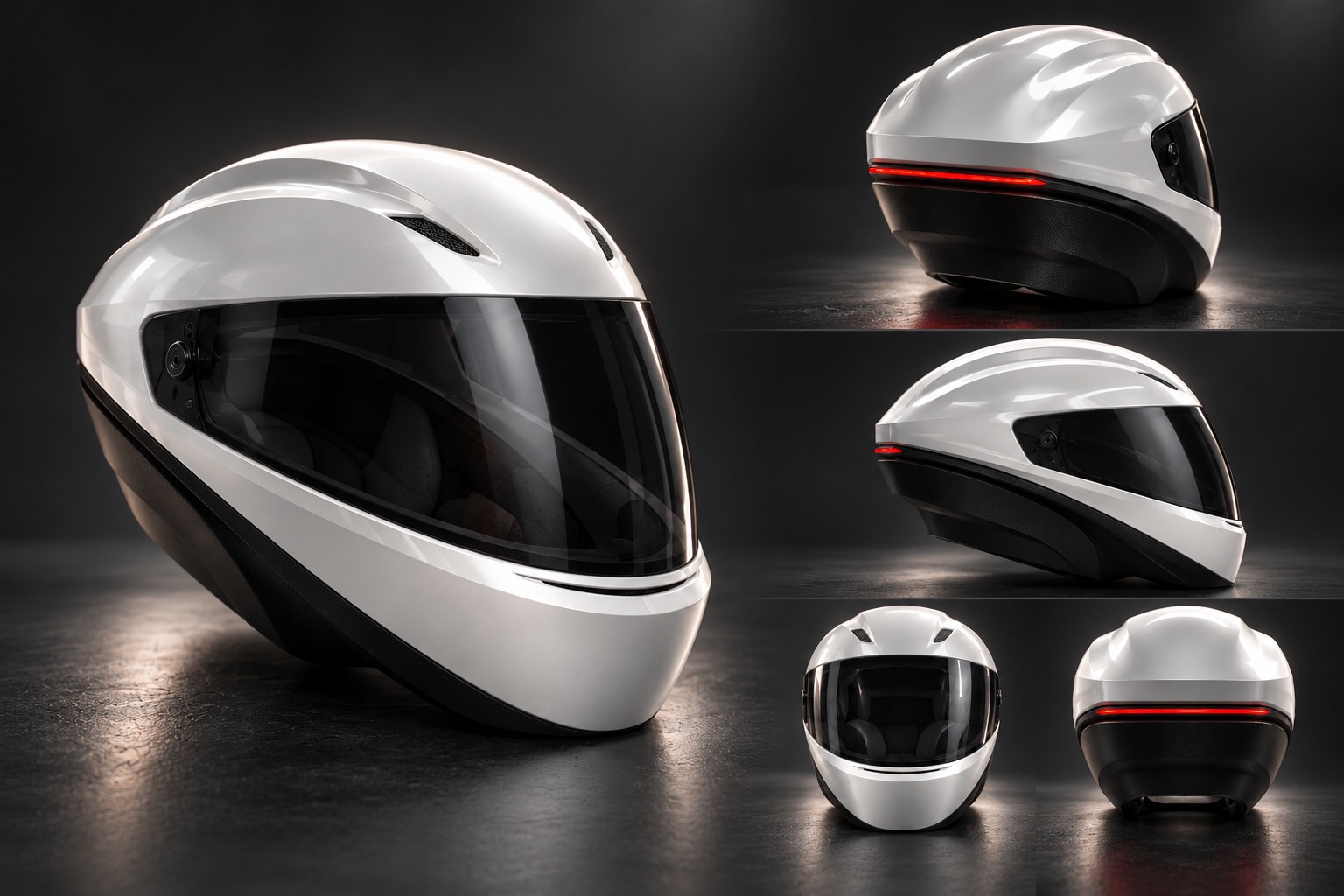 Five simultaneous photoreal views of the same RDSTR helmet: front three-quarter, rear three-quarter, profile, front and rear.