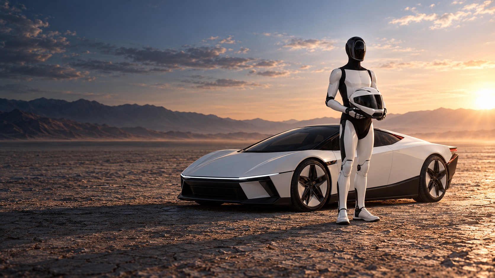 Original wide desert hero with an Optimus-inspired humanoid holding the helmet beside the Roadster-inspired car.