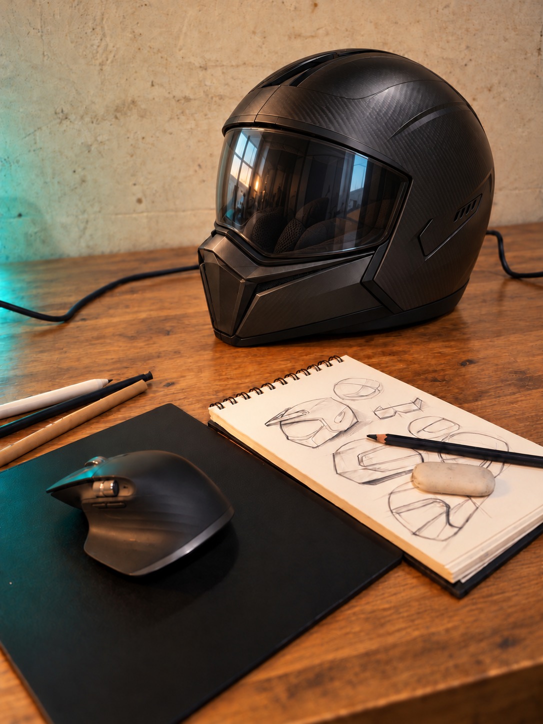 A helmet reference beside a notebook, pencils and tools on a wooden design desk.