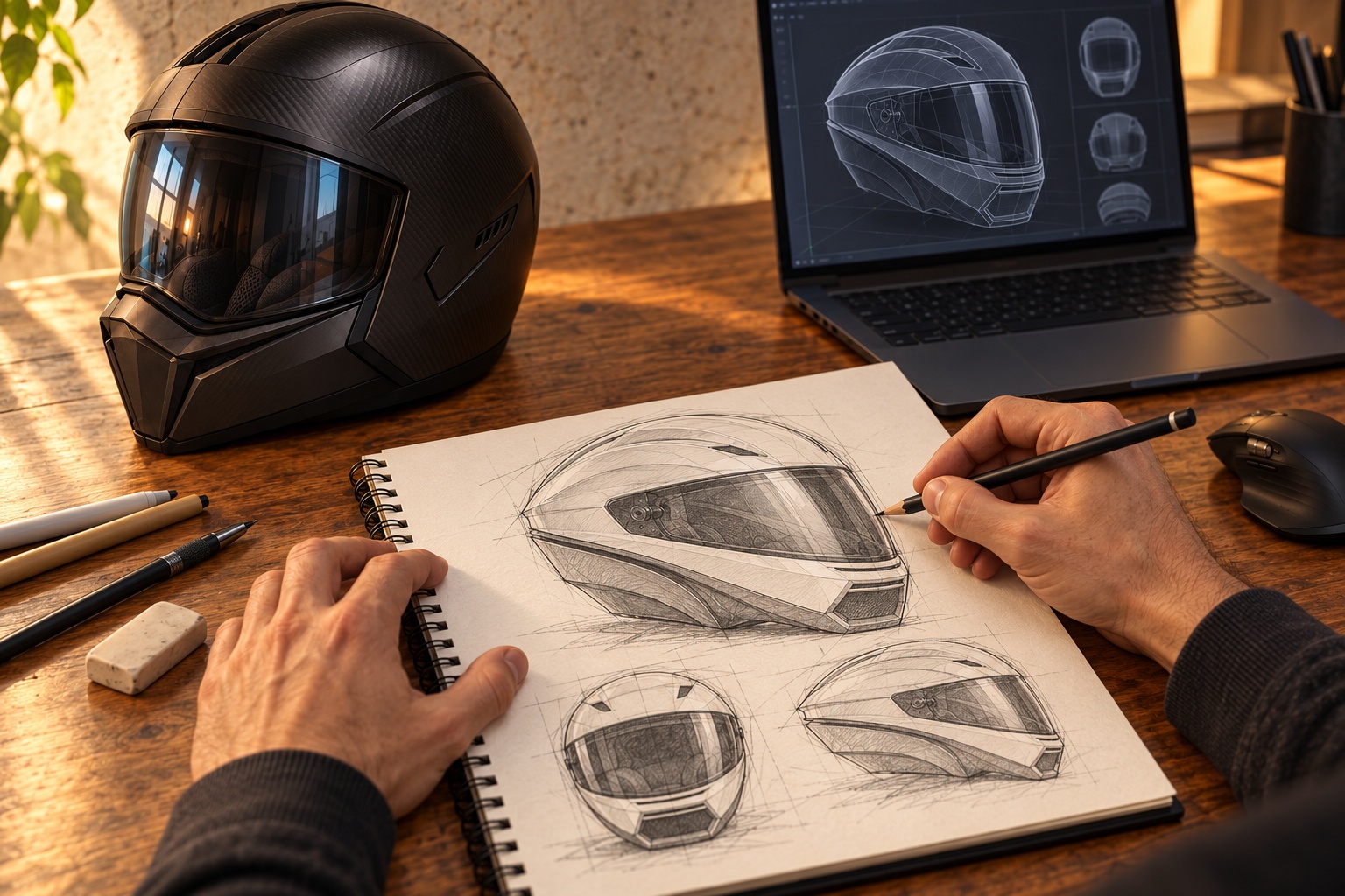 Illustrative studio scene: hands drawing the RDSTR helmet with a graphite pencil in a paper sketchbook, beside a reference helmet and laptop on a wooden desk.