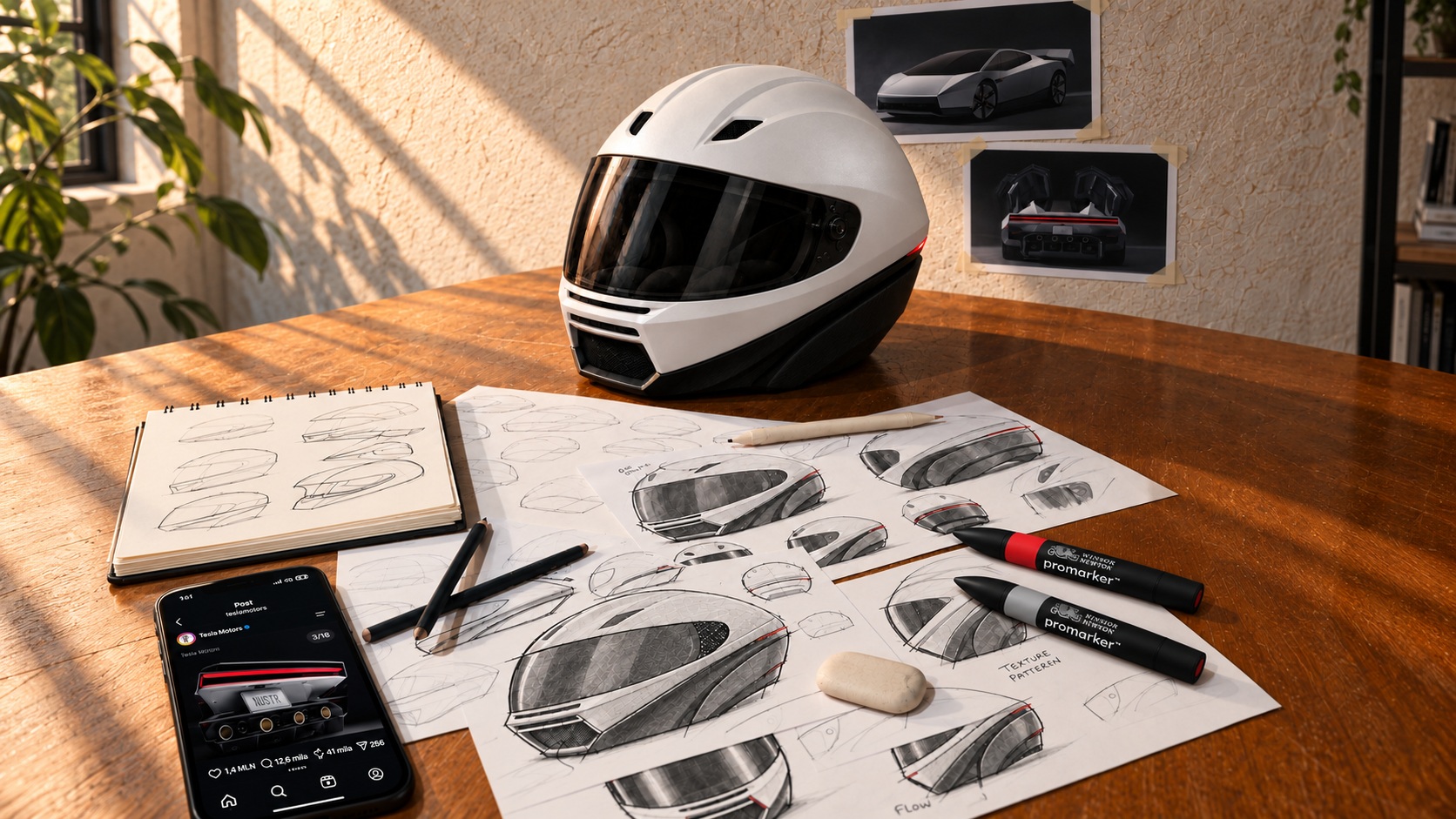 Illustrative studio worktable with the resolved white helmet, sketch sheets and automotive references