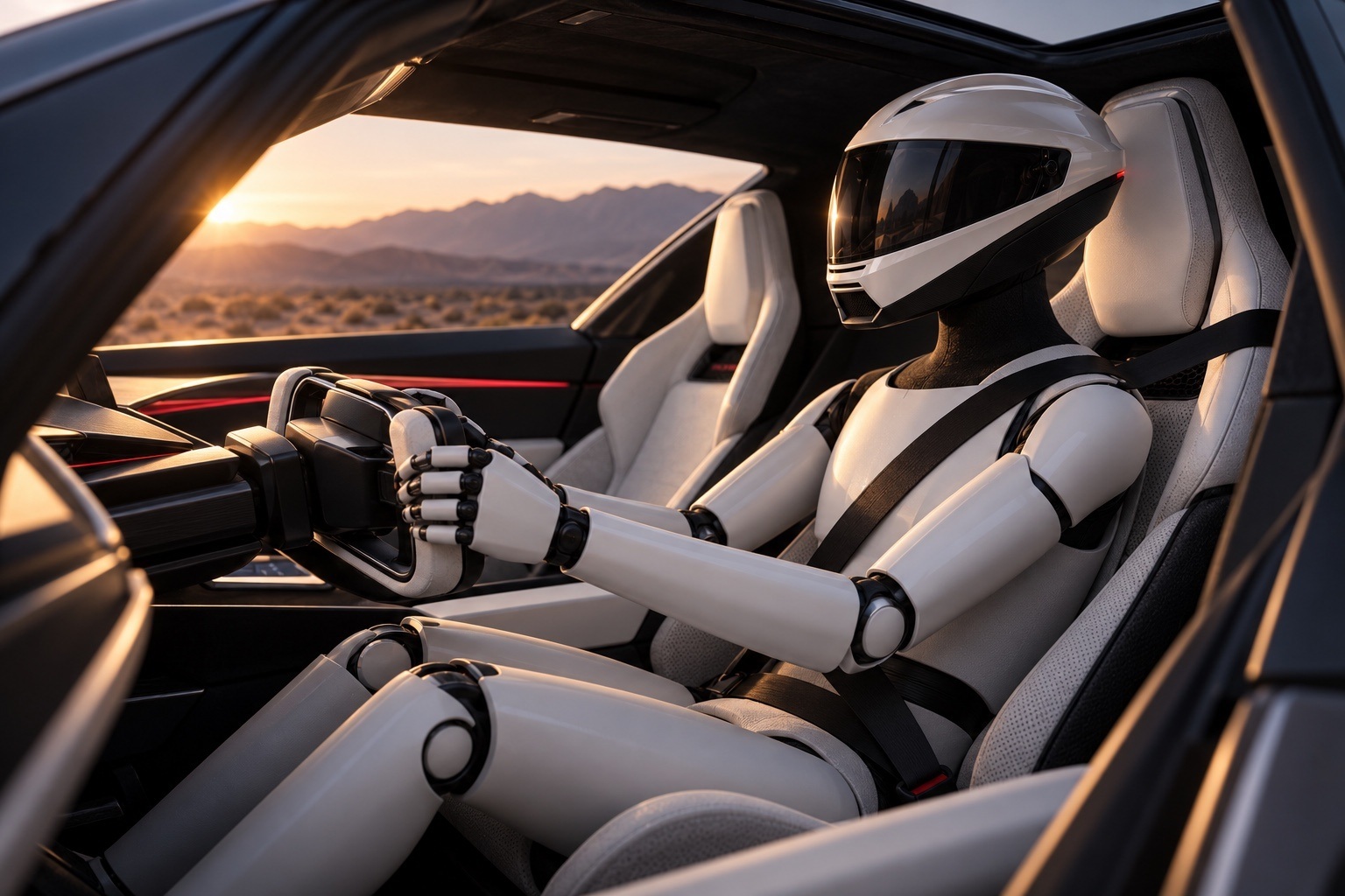 Speculative future-traveller scene: a helmeted humanoid seated in the Roadster-inspired cockpit at sunset