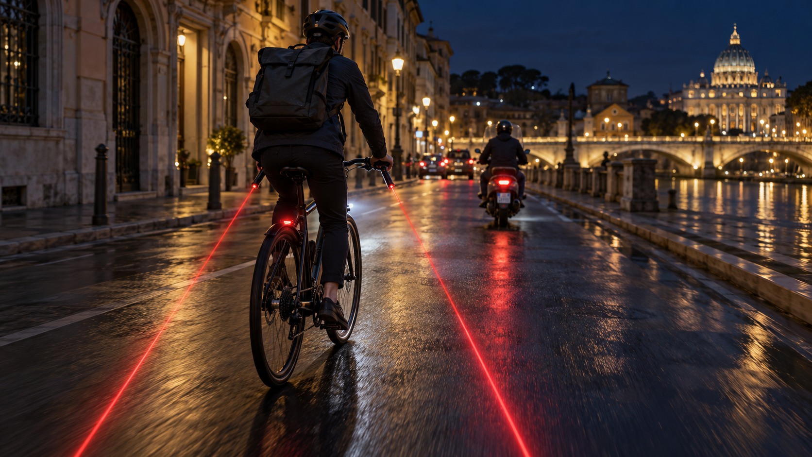 Concept visual of a cyclist and motor scooter on a European street at night, with red road projections beside the bicycle