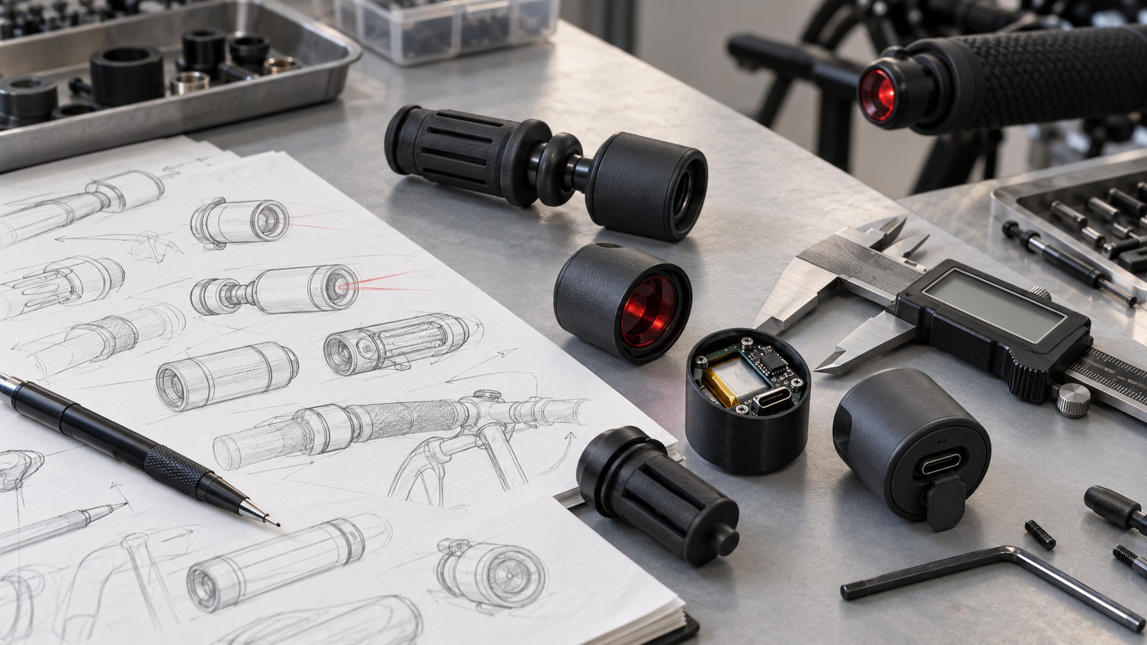 Illustrative design workbench with cylindrical prototype housings, sketches, electronics and measuring tools