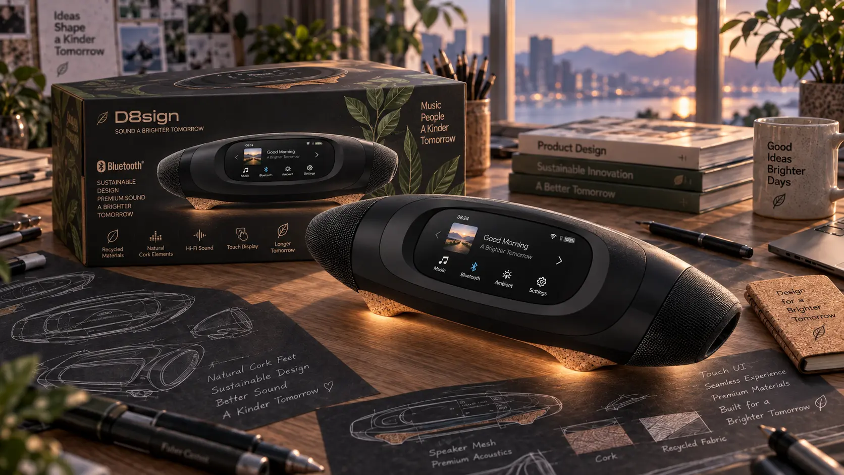 Audio entertainment product concept with cork details and packaging