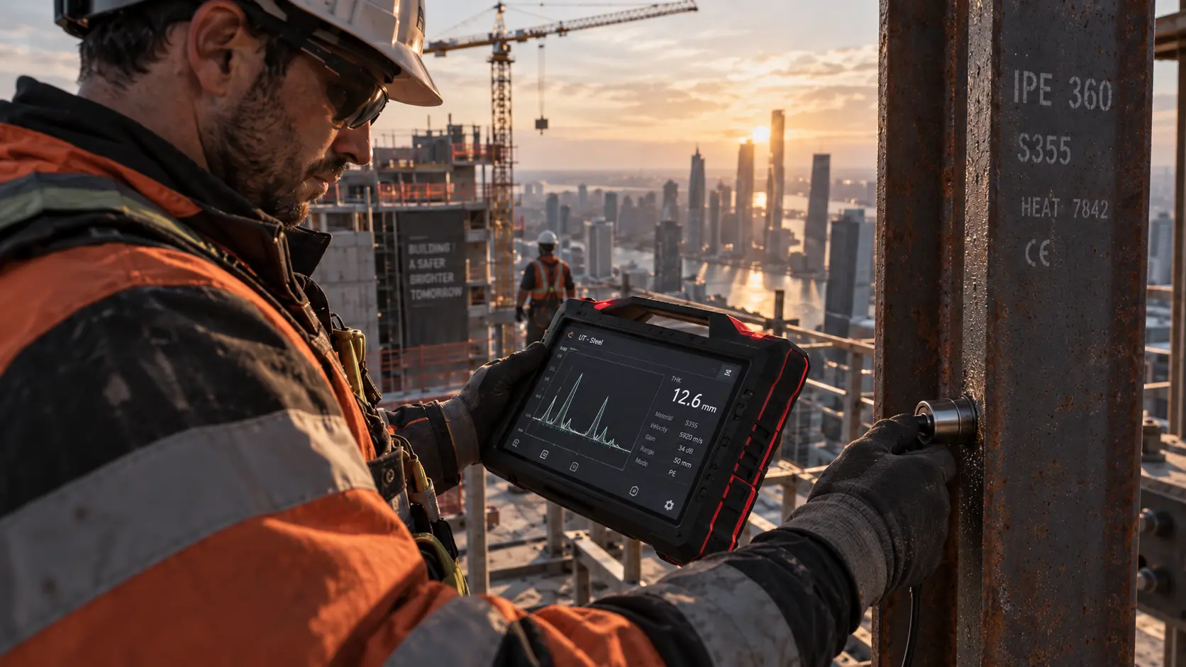 Construction worker using a digital inspection tool at height