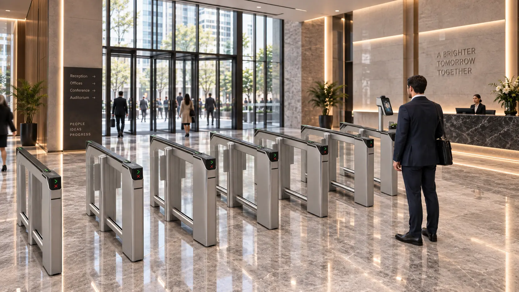 Workplace entrance with integrated access control and wayfinding